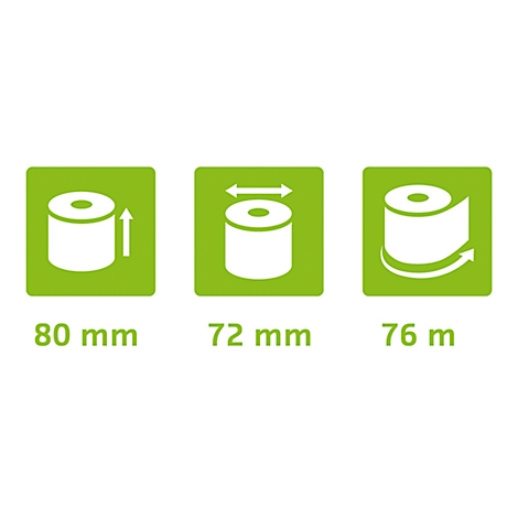 Trois carrés verts avec symboles et mesures: largeur, diamètre et longueur d'un rouleau.