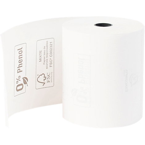 Un rouleau de papier thermique blanc, partiellement déroulé. Des logos et des inscriptions sont visibles sur le papier : "0% Phénol" et le label FSC.