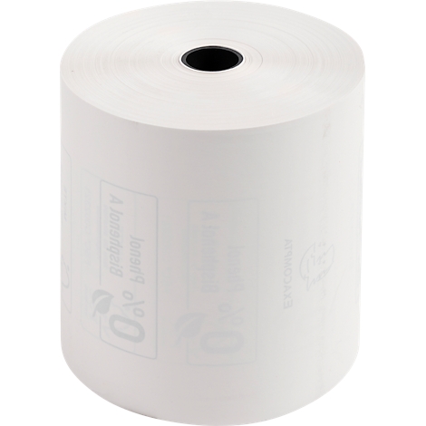 Rouleau de papier thermique, blanc, avec un noyau noir. Texte sur la surface, comme 'A Ionsfiglia' et '0%'.