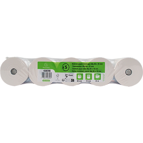 Cinq rouleaux de papier thermique emballés dans du film, avec informations sur le produit. Inscription : 48 mm, 75 mm et 72 m.