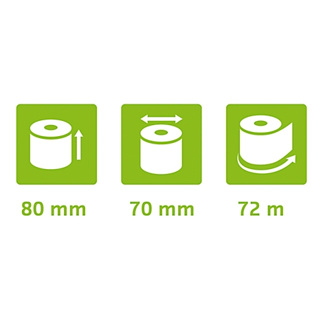 Trois carrés verts avec des symboles blancs et des étiquettes : 80 mm, 70 mm, 72 m.