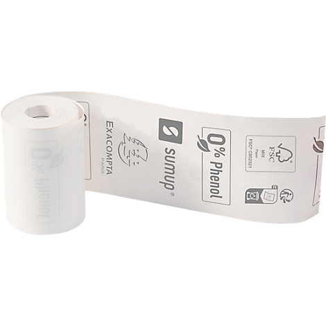 Rouleau de papier thermique. Logos imprimés comme SumUp et FSC.