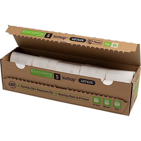 Boîte en carton contenant des rouleaux de papier thermique. Impressions : Exacompta, Sumup, 40762E, 0% phénol. Étiquettes sur la boîte : SumUp 3G+ Payment Kit, SumUp Solo & Printer.