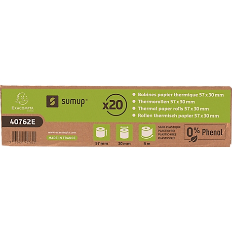 Emballage marron avec éléments verts pour rouleaux de papier thermique. Le texte mentionne différentes langues et le produit est 0% phénol.