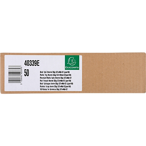 Boîte en carton brun avec informations sur le produit et code-barres. Étiquettes : 40339E, 50, Exacompta.