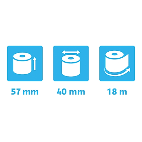 Trois pictogrammes affichent les dimensions d'un rouleau de ruban adhésif : 57 mm de hauteur, 40 mm de diamètre et 18 m de longueur.