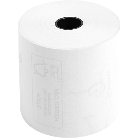 Un rouleau de papier thermique blanc avec un noyau noir et une étiquette.