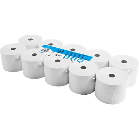 Paquet de dix rouleaux de papier thermique blanc, emballés avec une bande bleue.