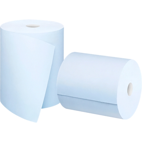 Deux rouleaux de papier bleu clair pour systèmes de distribution sur fond blanc.