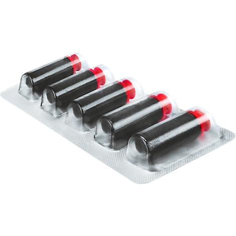 Cinq stylos noirs avec des extrémités rouges dans un blister.