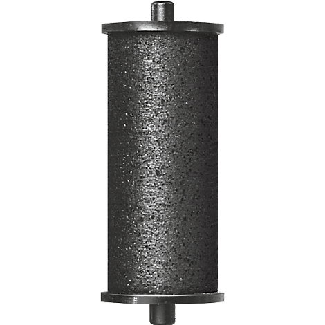 Objet noir cylindrique avec des surfaces texturées et des bouchons métalliques aux deux extrémités.