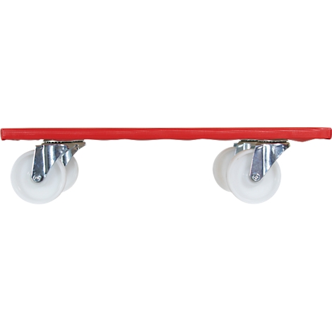 Planche de transport rouge avec quatre roues blanches, sur fond blanc.