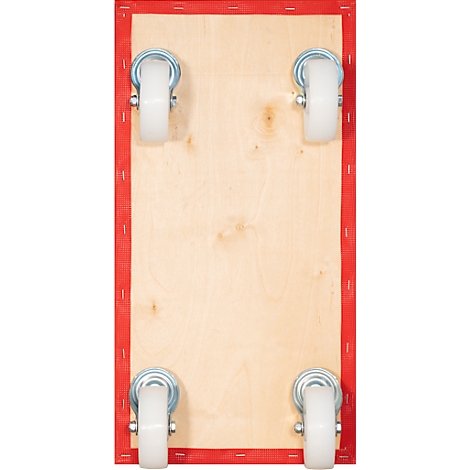 Une planche de bois avec quatre roues, bordée d'un cadre rouge.
