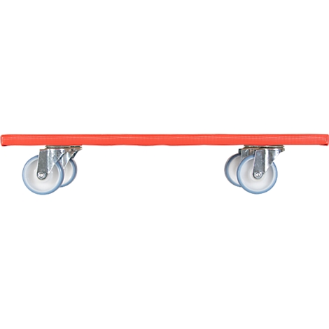 Une planche de transport rouge avec quatre roulettes fixées en dessous.
