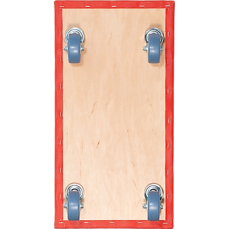 Planche de bois rectangulaire avec des bords en tissu rouge et quatre roulettes bleues. Les roulettes sont fixées aux coins de la planche.