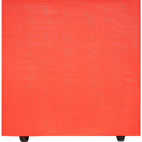 Un objet carré orange avec une surface légèrement texturée et de petits pieds noirs.