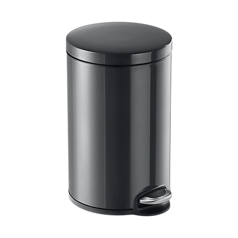 Dark gray pedal bin with round lid and foot pedal. Smooth surface, suitable for bathroom or kitchen.