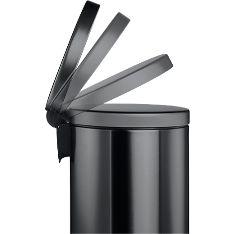 Black trash can, lid open.