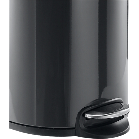 Close-up of an anthracite-colored trash can. The metallic foot pedal is visible.