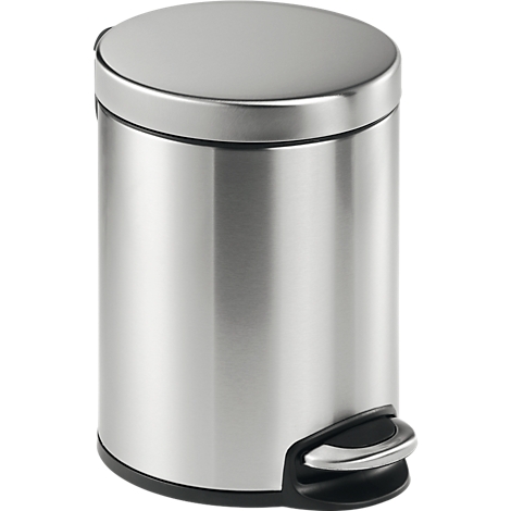 Round, silver trash can with lid and foot pedal.