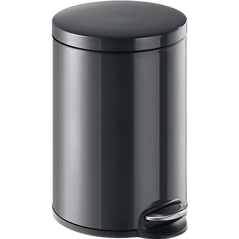 Gray, cylindrical pedal bin with a glossy finish and a silver pedal.