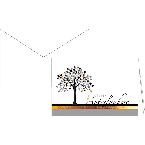 Rouwkaart Innige deelneming, motief boom met goudfoliedruk in reliëf, set van 10
