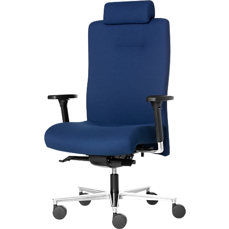 Blauer Bürostuhl mit Kopfstütze, Armlehnen und Rollen. Der Stuhl hat ein silbernes Gestell.