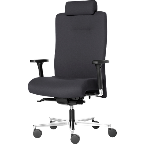 Black office chair with headrest, armrests and castors, against a white background.