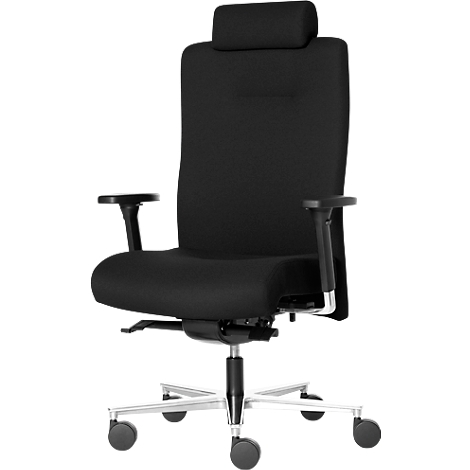 Black office chair with headrest and armrests on castors.