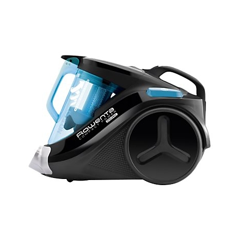 Schwarzer Rowenta Compact Power Staubsauger mit blauem Staubbehälter auf weißem Hintergrund.