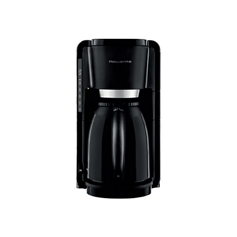 Schwarze Rowenta Filterkaffeemaschine mit Thermokanne vor weißem Hintergrund.