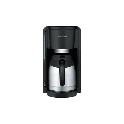 Schwarze Rowenta Filterkaffeemaschine mit silberner Thermokanne vor weißem Hintergrund.