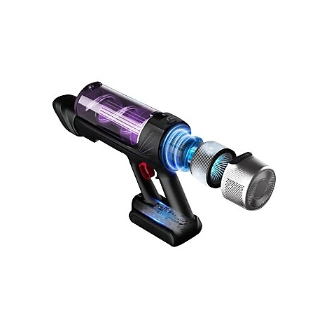 Zerlegte Ansicht eines Akkustaubsaugers, die Filter und Motor in blauem Licht hervorgehoben zeigt.