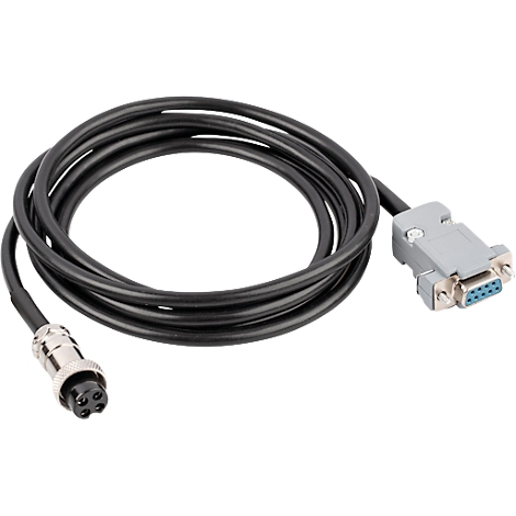 Black cable with one connector and a 9-pin serial port. Coiled shape.
