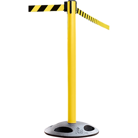 Yellow stanchion with black and yellow band on a gray base. For access control and security.
