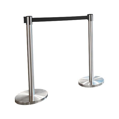 Two silver stanchions with a black belt, to delineate a queue.