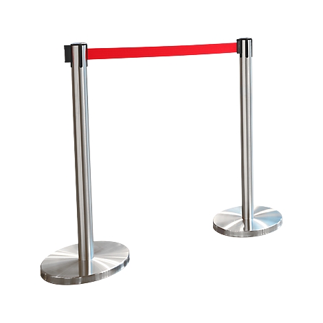 Two silver stanchions with a red retractable belt connecting them.