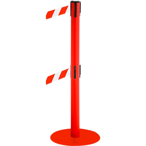 Red stanchion with red and white barrier tape. The stanchion has a round base.