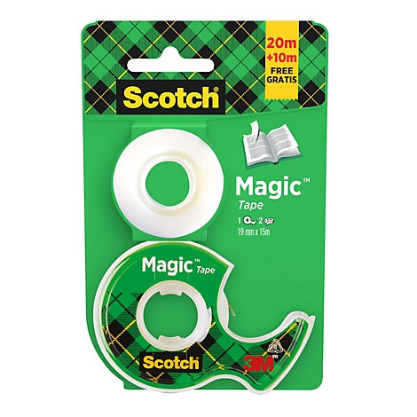 Emballage contenant deux rouleaux de ruban adhésif Scotch Magic et un dévidoir sur fond vert à carreaux.