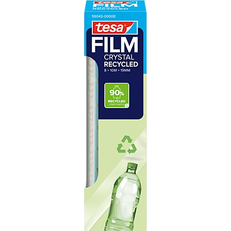 Emballage du film Tesa, Crystal recyclé, avec l'indication de 90 % de composants recyclés et le symbole de recyclage.