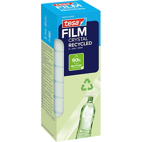 Emballage de film Tesa Crystal recyclé. Fond bleu, éléments verts et un rouleau de film. Texte : 90 % recyclé.