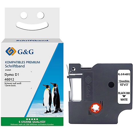 Image du produit : Une boîte avec une cassette de ruban d'étiquettes et une seule cassette. La boîte contient des pingouins, des informations sur le produit et le logo.