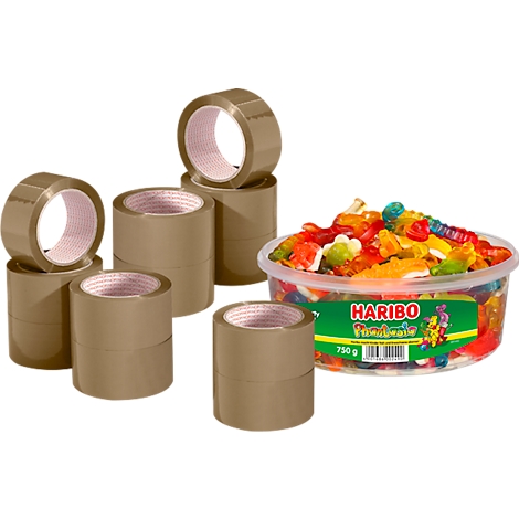 Rouleaux de ruban adhésif et un bol de bonbons gélifiés Haribo.