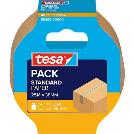 Ruban adhésif Tesa avec emballage bleu et jaune. Imprimé : Tesa, Pack, Standard Paper, 25m x 38mm, illustration de carton.