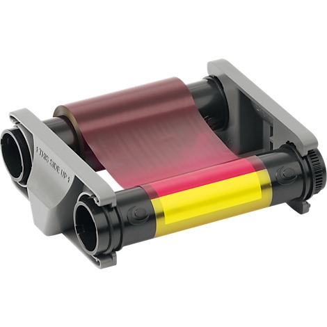 Gros plan sur une cartouche de ruban avec un cadre gris et un ruban coloré en jaune, rose et violet.