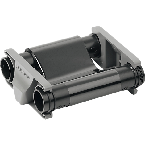 Une cartouche de ruban noire avec des supports gris. Les supports indiquent "THIS SIDE UP".