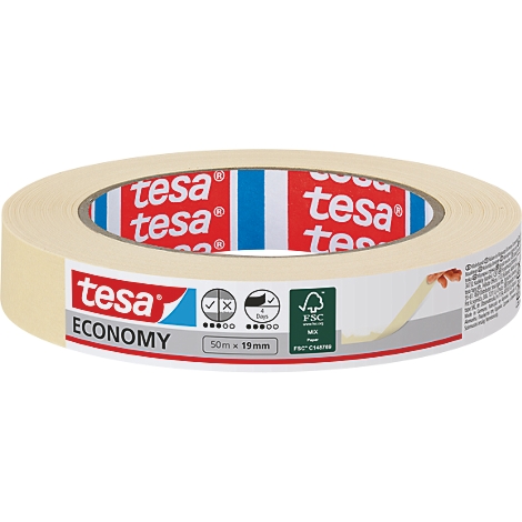 Rouleau de ruban adhésif beige avec écriture rouge, logo bleu et description du produit. Label FSC.