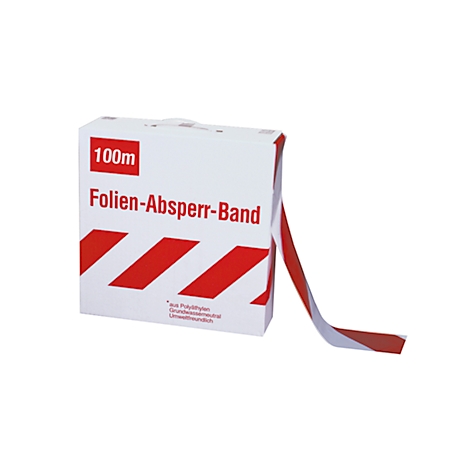 Boîte distributrice pour ruban de signalisation rouge et blanc de 100m sur fond blanc.