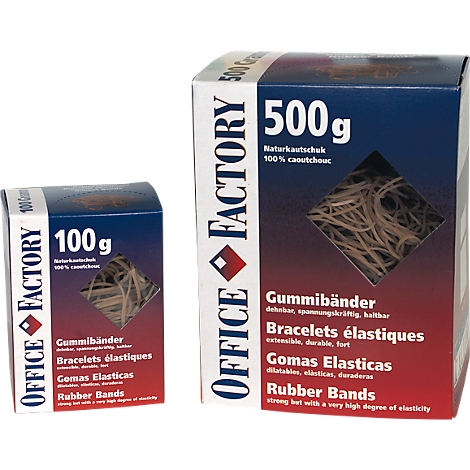 Two boxes of rubber bands, one with 100g, one with 500g, text in German, English, French and Spanish.