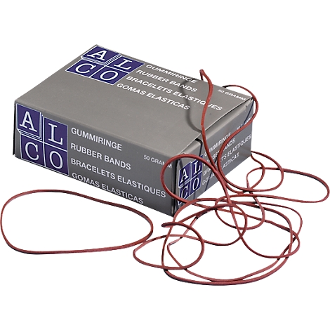 Gray box with red rubber bands next to it, inscription ALCO, rubber rings and other languages.